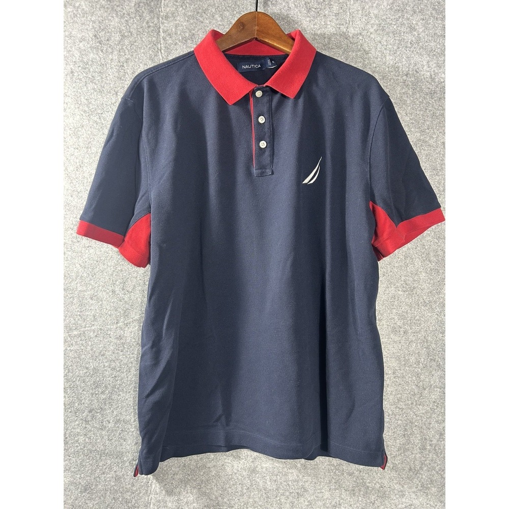 Nautica Men's Polo Shirt XL Navy Red Short Sleeve Big Back Logo Cotton Pique